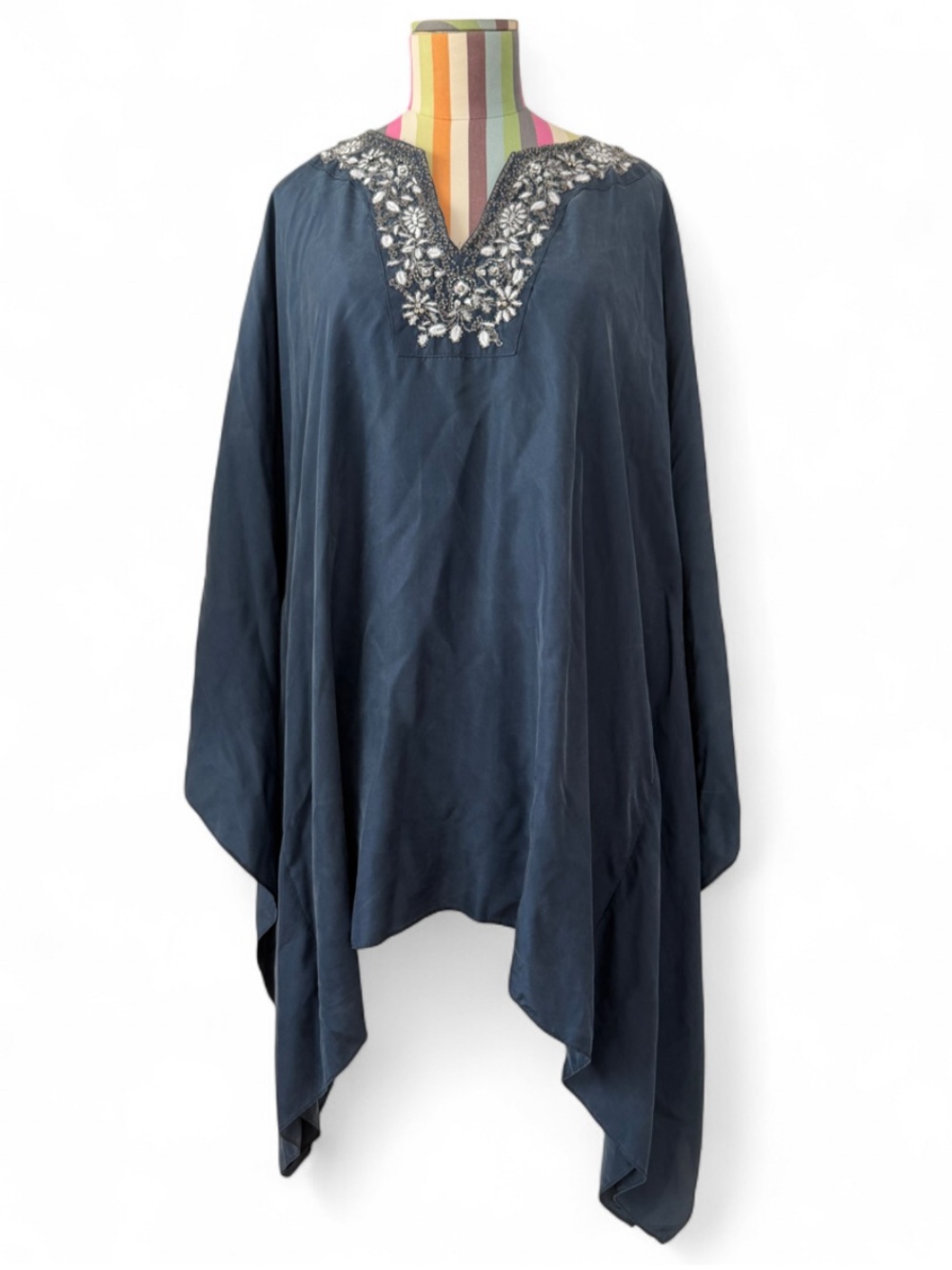 Neiman Marcus 100% Silk Embroidered Beaded Kaftan Poncho Shawl Top Navy Blue